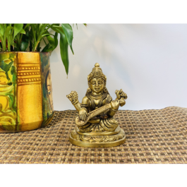 Brass Engraved Saraswati Sitting 5.3cm x 7.8cm x 10.4cm