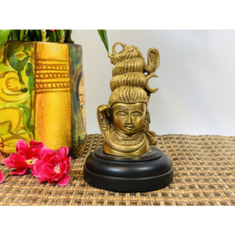 Brass Engraved Shiva Head With Wooden Base 7.8cm x 7.8cm x 11.6cm